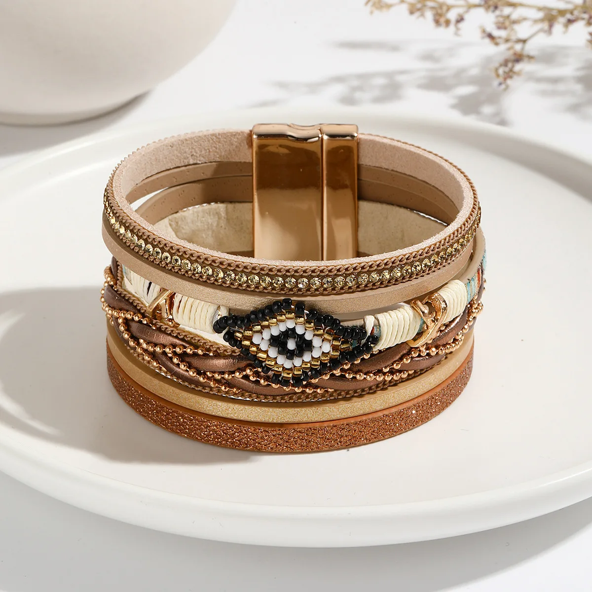 Multilayer Handwoven Leather Bracelet for Women Magnet Buckle Wide Bracelet Rice Bead Woven Devil's Eye Leather Bracelet Bangle