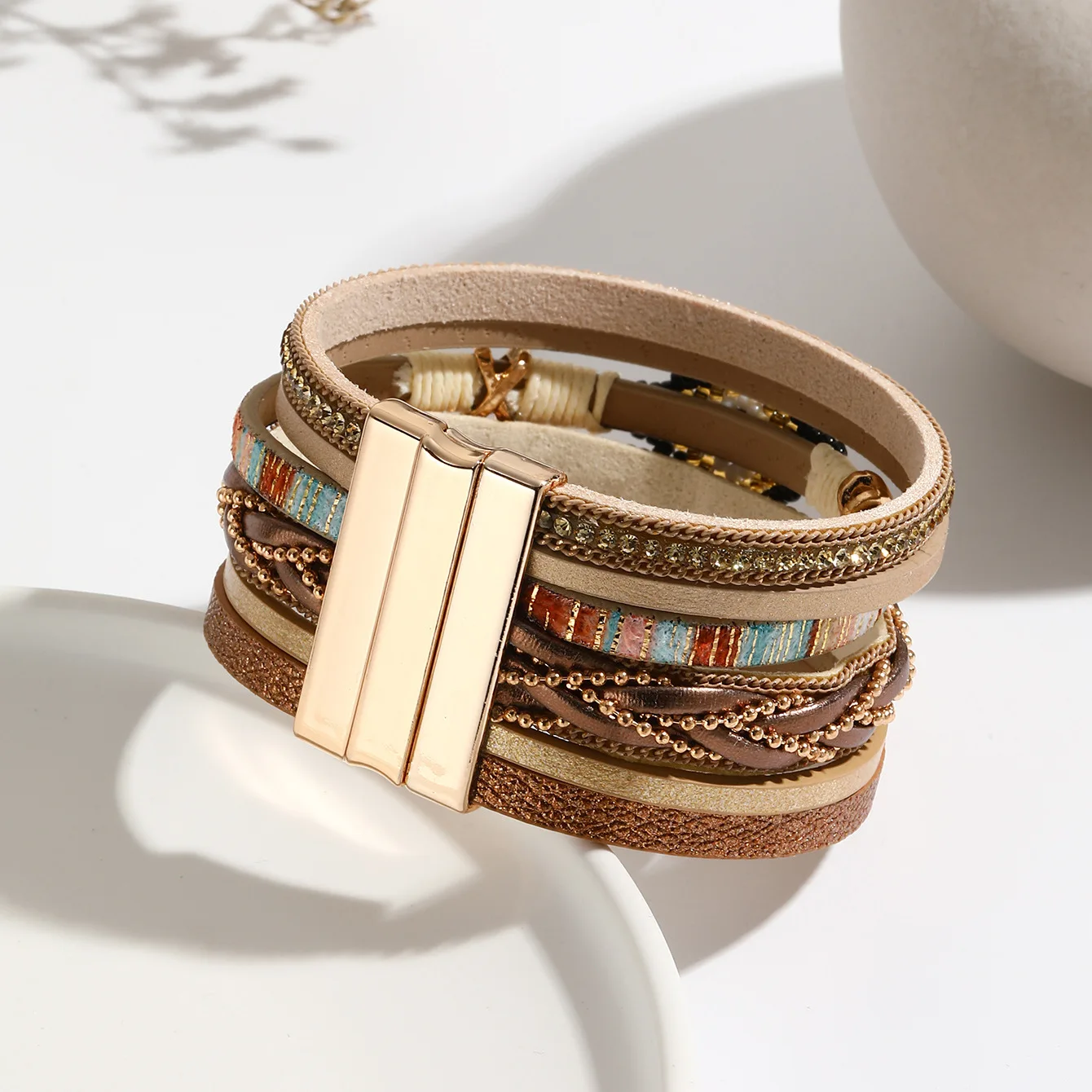 Multilayer Handwoven Leather Bracelet for Women Magnet Buckle Wide Bracelet Rice Bead Woven Devil's Eye Leather Bracelet Bangle
