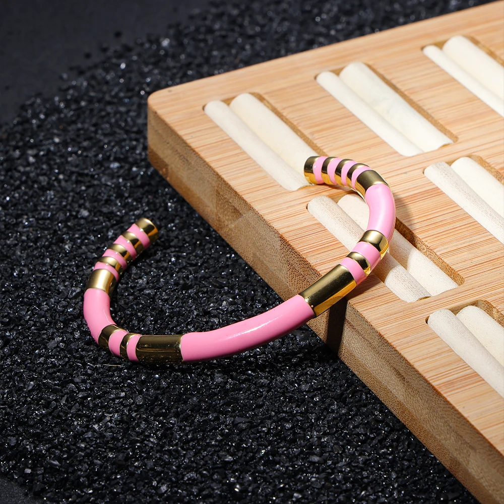 Vintage Bamboo Enamel Waterproof C-shaped Enamel Hand Bracelet Ladies Stainless Steel Gold Plated High Touch Bracelet