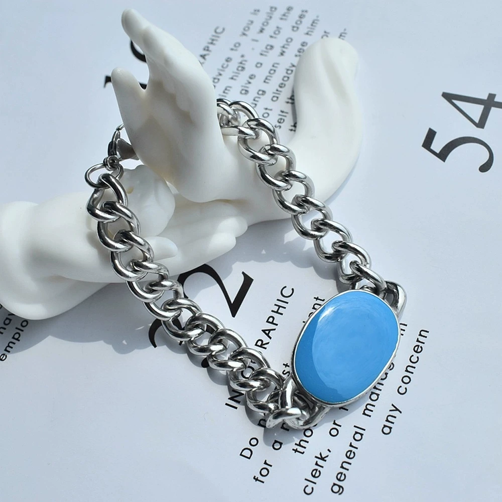 Indian Style Salman Khan Bracelet Blue Enamel Stainless Steel Cuban Chain Bracelet for Men
