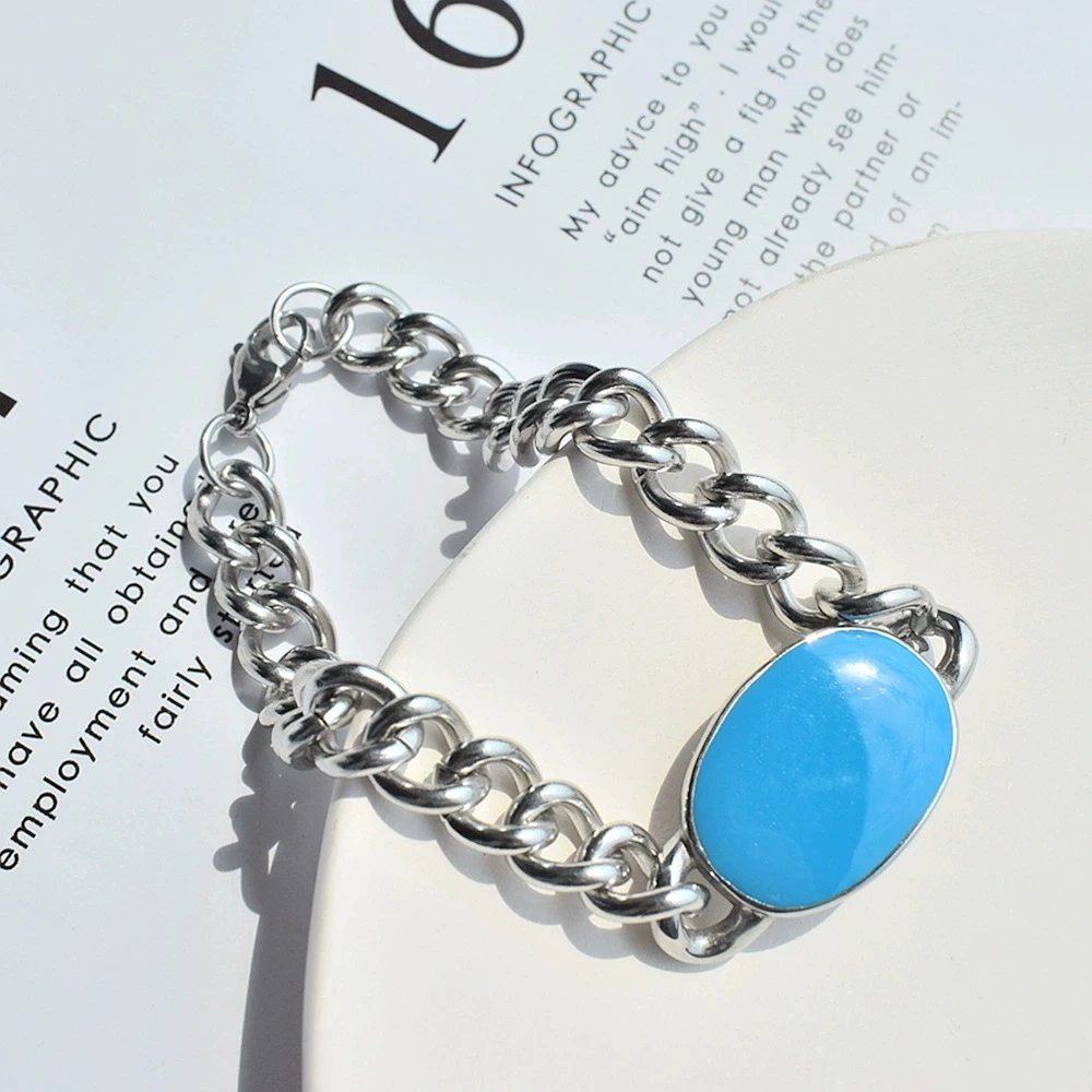 Indian Style Salman Khan Bracelet Blue Enamel Stainless Steel Cuban Chain Bracelet for Men