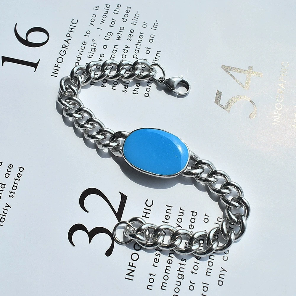 Indian Style Salman Khan Bracelet Blue Enamel Stainless Steel Cuban Chain Bracelet for Men