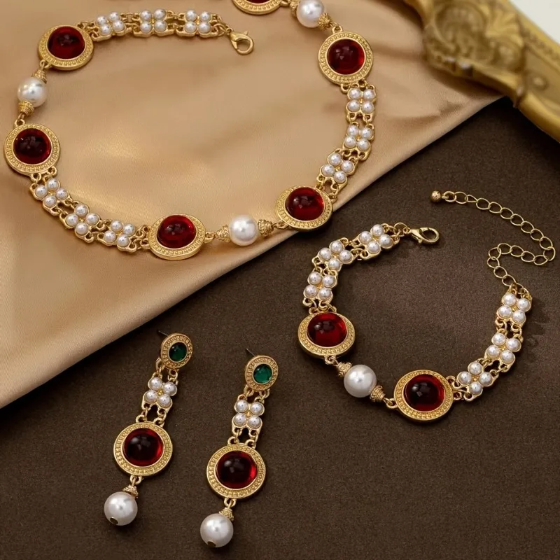 Exquisite Imitation Pearl Synthetic Gemstone Inlaid Necklace Earring Set for Women Collarbone Chain Fashion Jewelry Accessories
