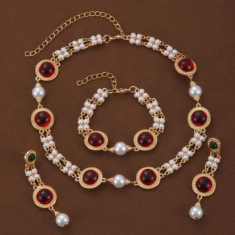 Exquisite Imitation Pearl Synthetic Gemstone Inlaid Necklace Earring Set for Women Collarbone Chain Fashion Jewelry Accessories