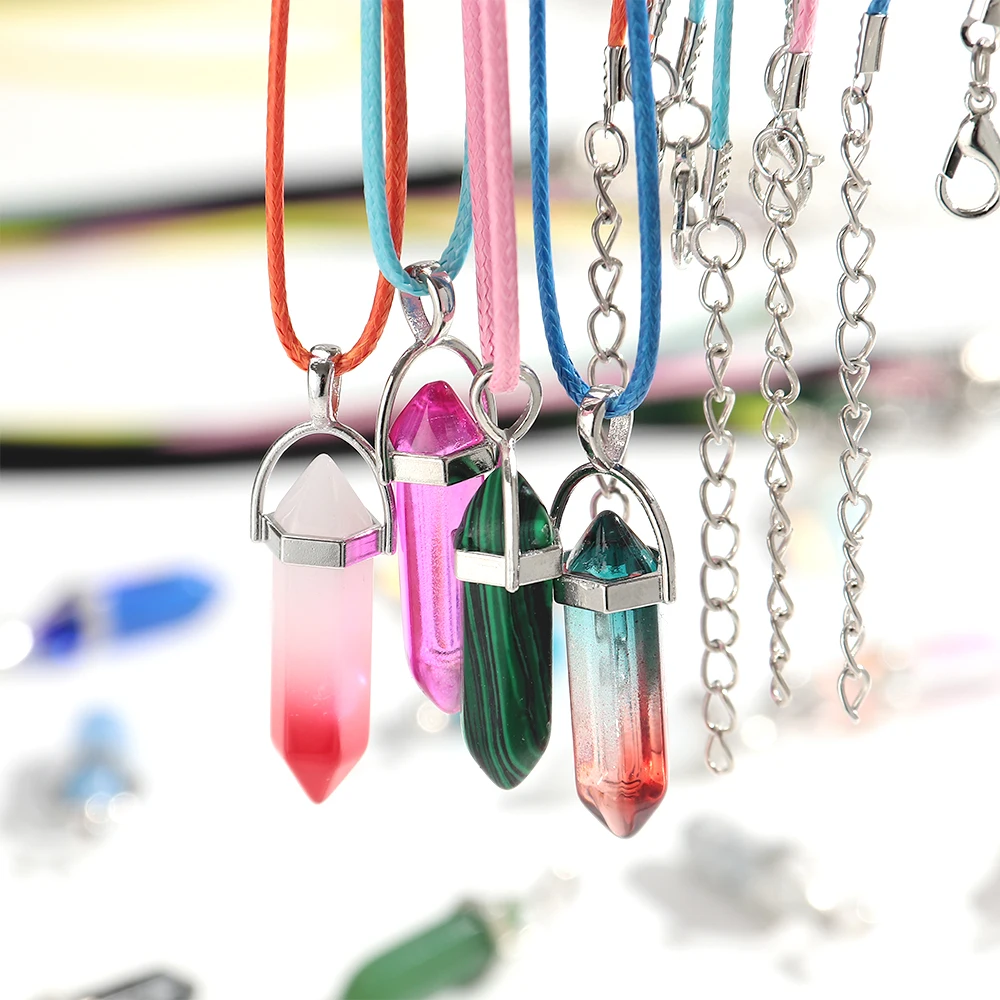 30/40PCS Hexagonal Chakra Synthetic Crystal Pendant Pointed Quartz Stone With Leather Necklace Chain Storage Bag Jewelry Set
