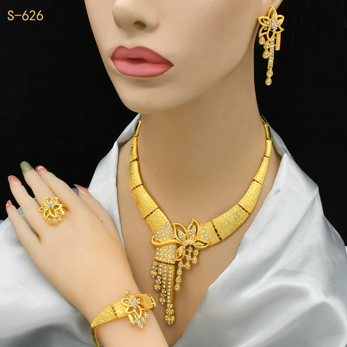 Bridal Dubai Gold Plated Jewelry Set For Women African 24K Gold Plated Necklace Earrings Set Nigerian Indian Wedding Wholesale