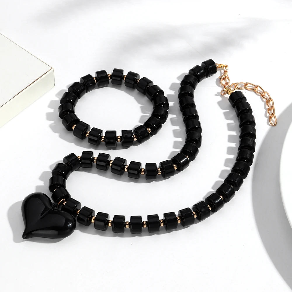 Gothic Acrylic Black Beaded Bracelets Necklace Set for Women Fashion Heart Pendant Choker Necklaces 2025 New Jewelry