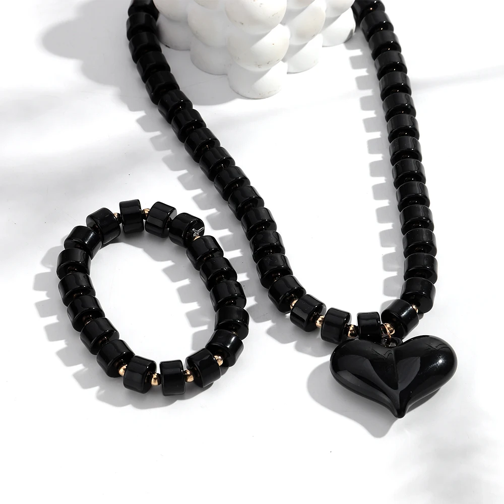 Gothic Acrylic Black Beaded Bracelets Necklace Set for Women Fashion Heart Pendant Choker Necklaces 2025 New Jewelry