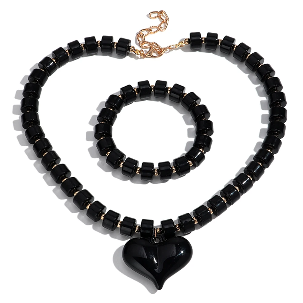 Gothic Acrylic Black Beaded Bracelets Necklace Set for Women Fashion Heart Pendant Choker Necklaces 2025 New Jewelry
