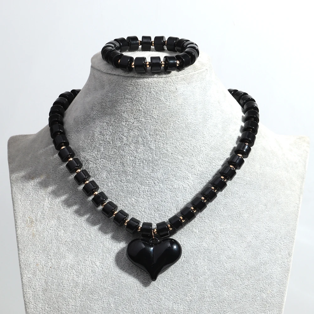 Gothic Acrylic Black Beaded Bracelets Necklace Set for Women Fashion Heart Pendant Choker Necklaces 2025 New Jewelry