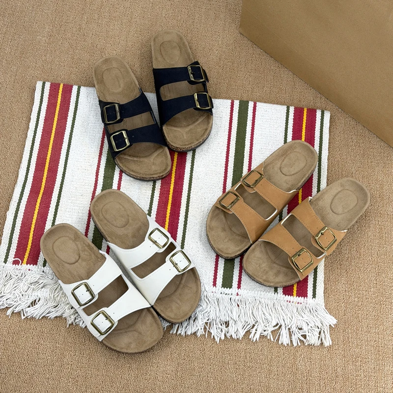 Summer Trend Cork Cool Slippers Couple Double Strap Thick Bottom Outdoor Sandals Anti slip Comfortable Flat Shoes