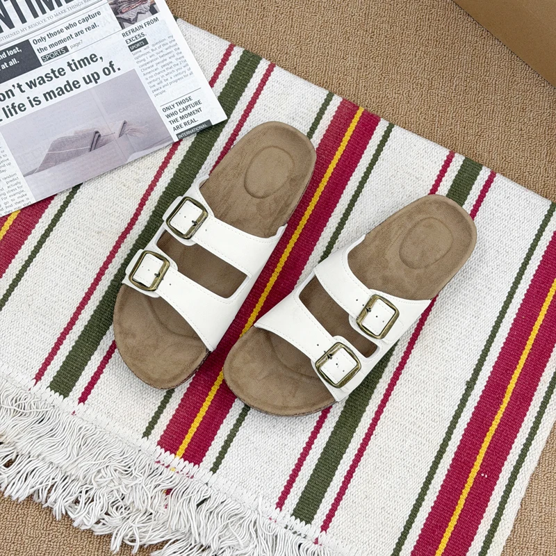Summer Trend Cork Cool Slippers Couple Double Strap Thick Bottom Outdoor Sandals Anti slip Comfortable Flat Shoes