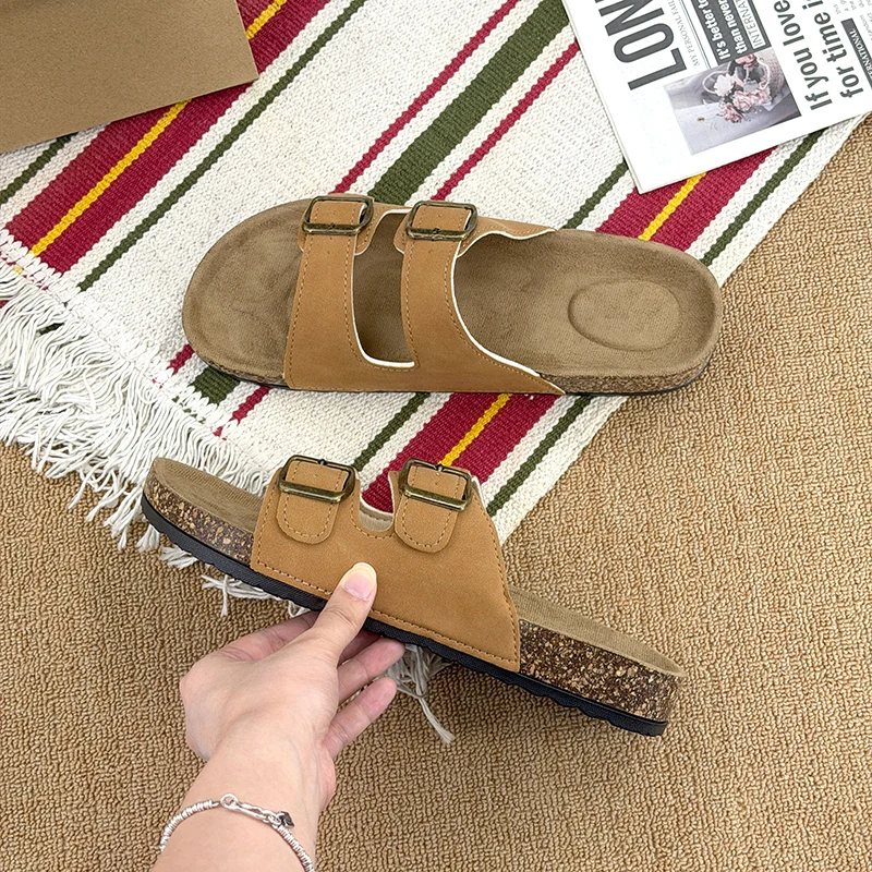 Summer Trend Cork Cool Slippers Couple Double Strap Thick Bottom Outdoor Sandals Anti slip Comfortable Flat Shoes
