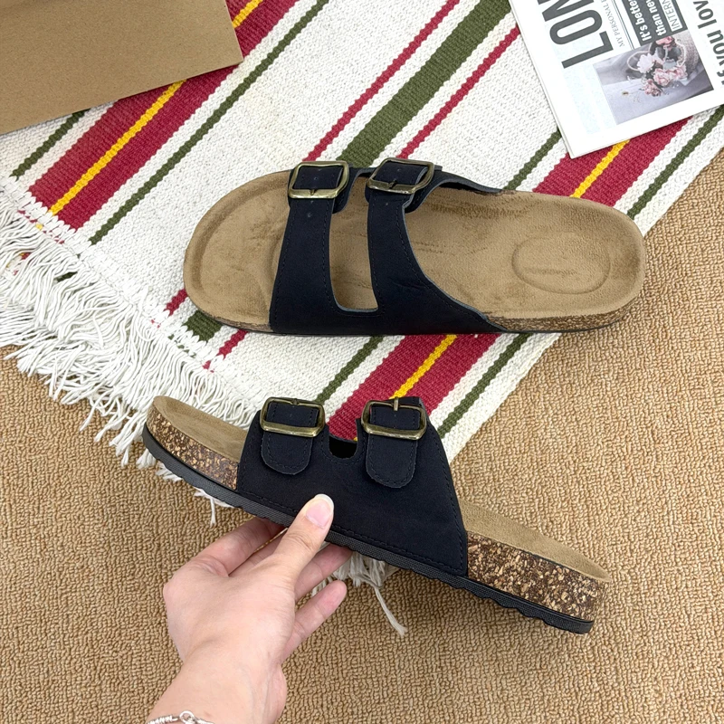 Summer Trend Cork Cool Slippers Couple Double Strap Thick Bottom Outdoor Sandals Anti slip Comfortable Flat Shoes