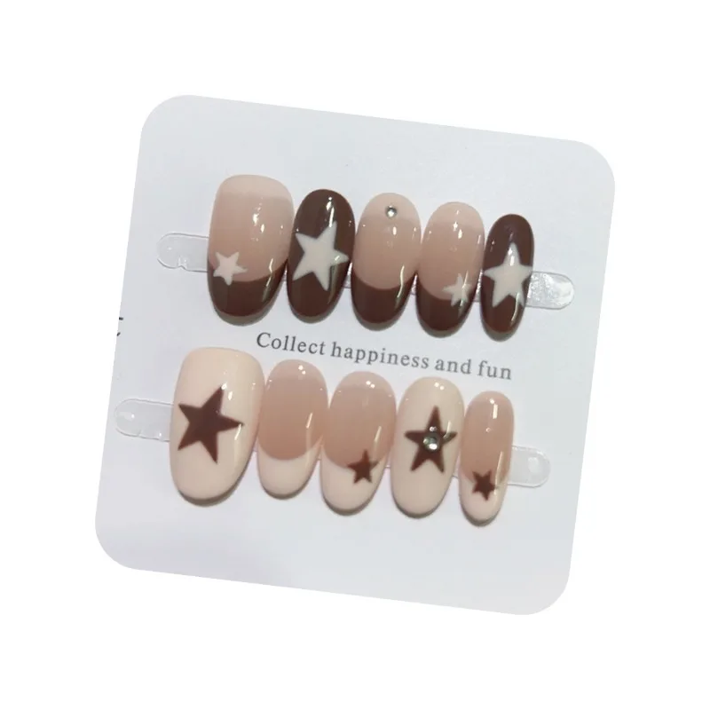 10pcs Handmade Nail Tips Star French Press on Nails with Sticky Tabs Autumn Fake Nails for Women Holiday Prosthetic Nail Set