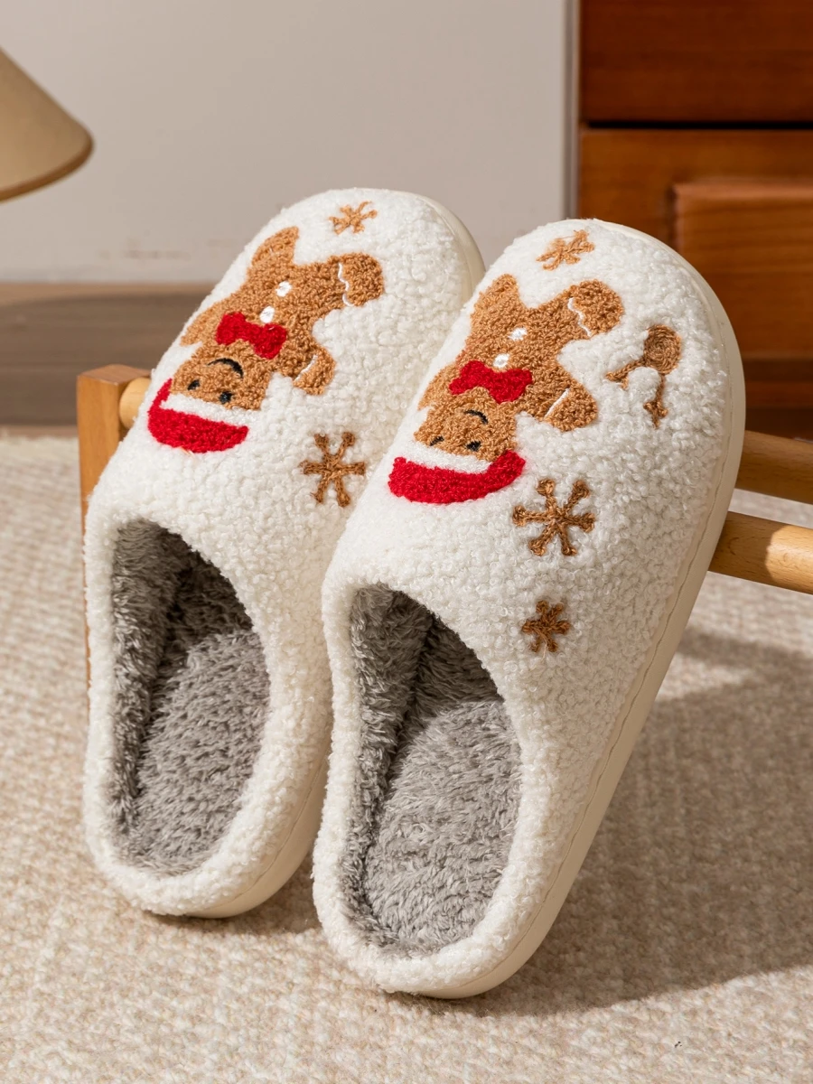 Women's Christmas Slippers Adorable Indoor Festival Gingerbread Man Embroidery Couple Fashion Winter Holiday Christmas Shoes