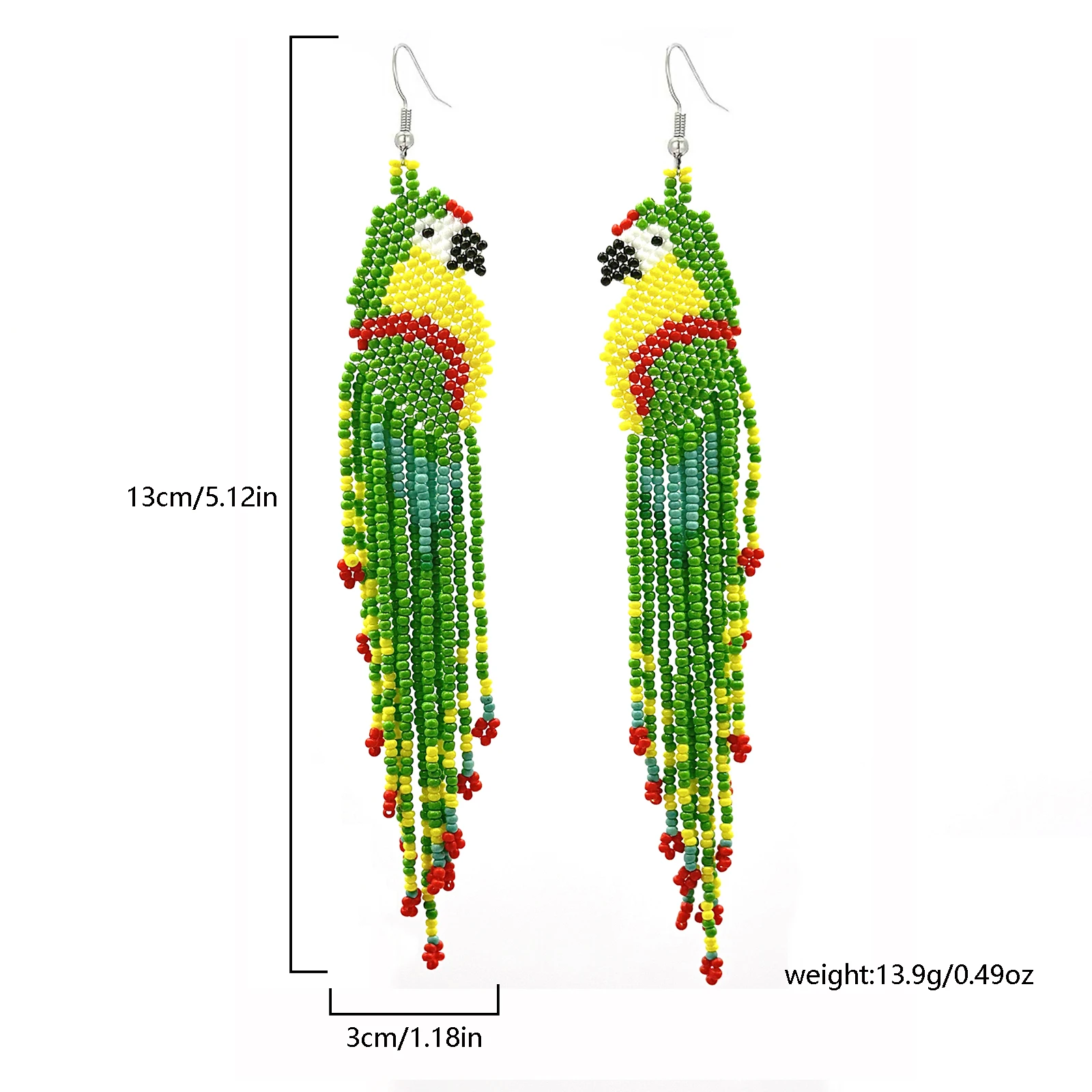 Glass Bead String Earrings with Parrot Design Bohemian Fringe Earrings Seed Bead Strings Women's Jewelry for Everyday Wear