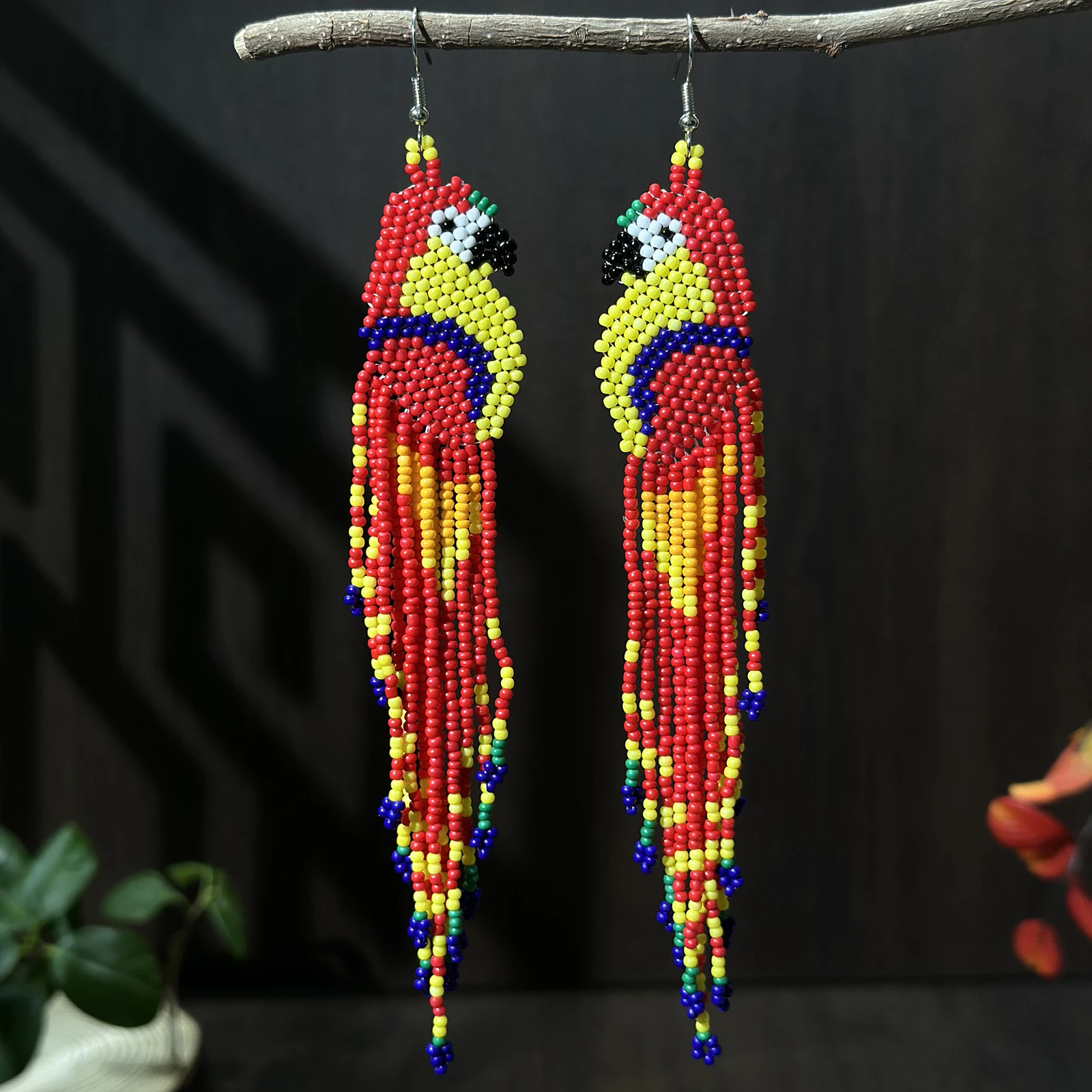 Glass Bead String Earrings with Parrot Design Bohemian Fringe Earrings Seed Bead Strings Women's Jewelry for Everyday Wear