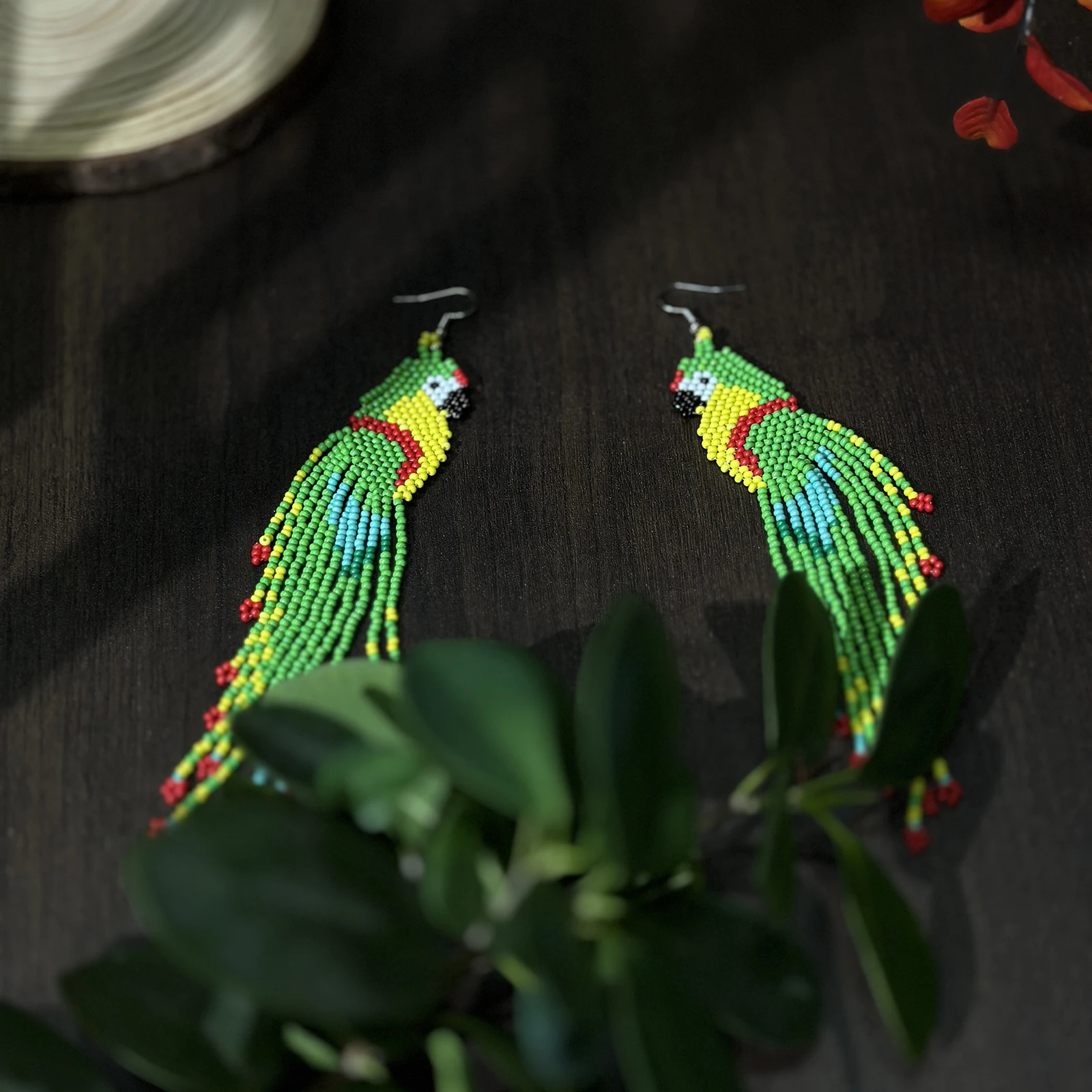 Glass Bead String Earrings with Parrot Design Bohemian Fringe Earrings Seed Bead Strings Women's Jewelry for Everyday Wear