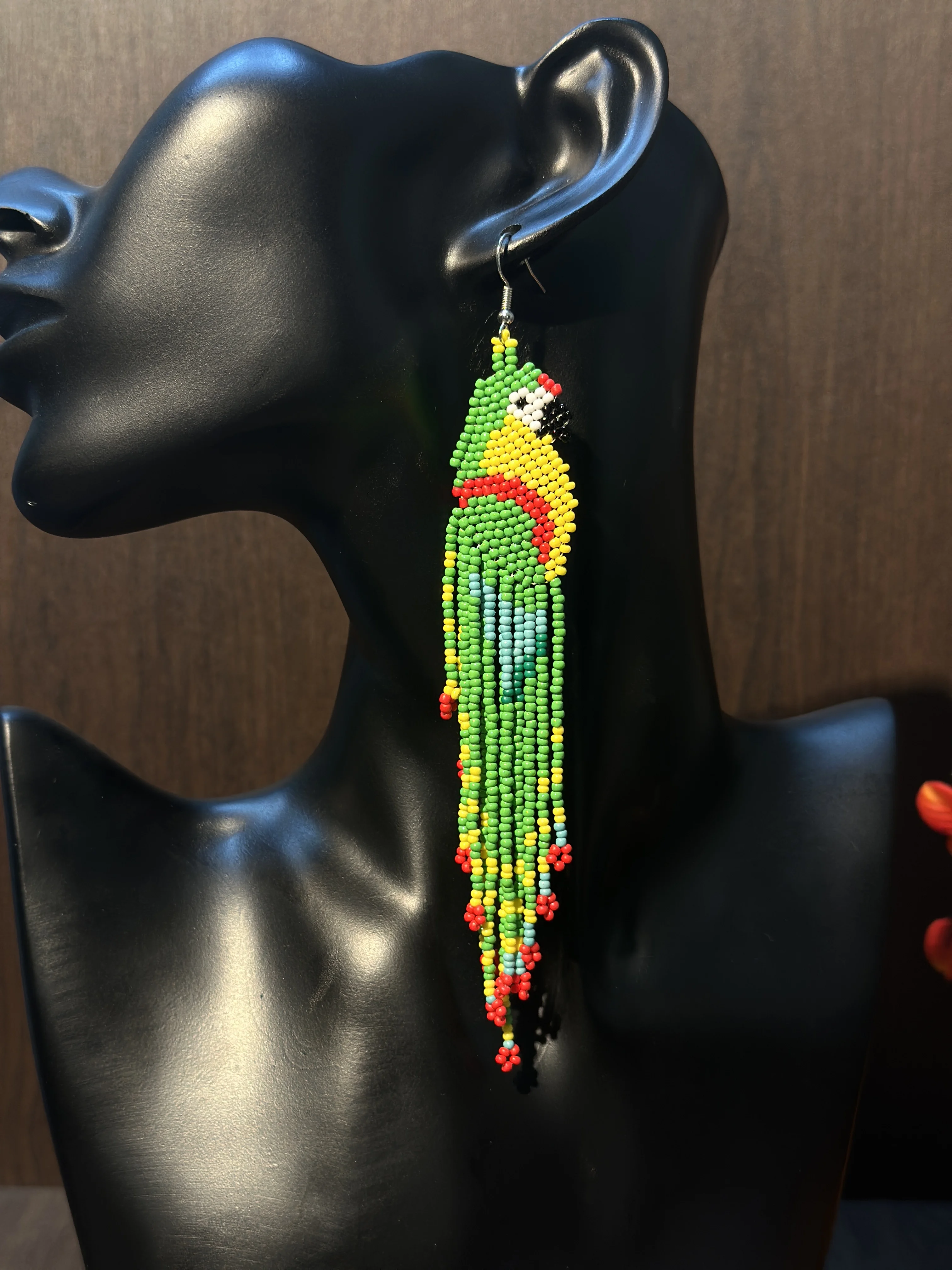 Glass Bead String Earrings with Parrot Design Bohemian Fringe Earrings Seed Bead Strings Women's Jewelry for Everyday Wear