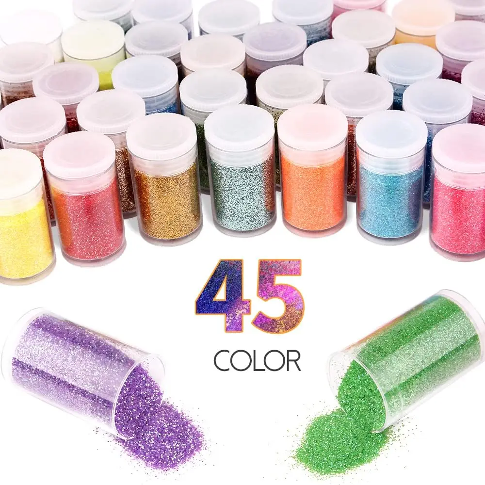 45 ColorsHolographic Chunky and Fine Glitter Mix,  Festival Sequins & Powder, Iridescent Flakes,Nail Art Resin Loose Glitter