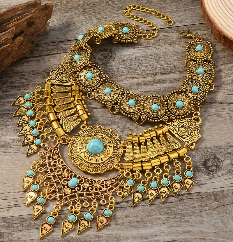Layered Bohemian Statement Necklace Women's Fashion Retro Teardrop Tassel Collar Jewelry for Casual Matching & Party Styling