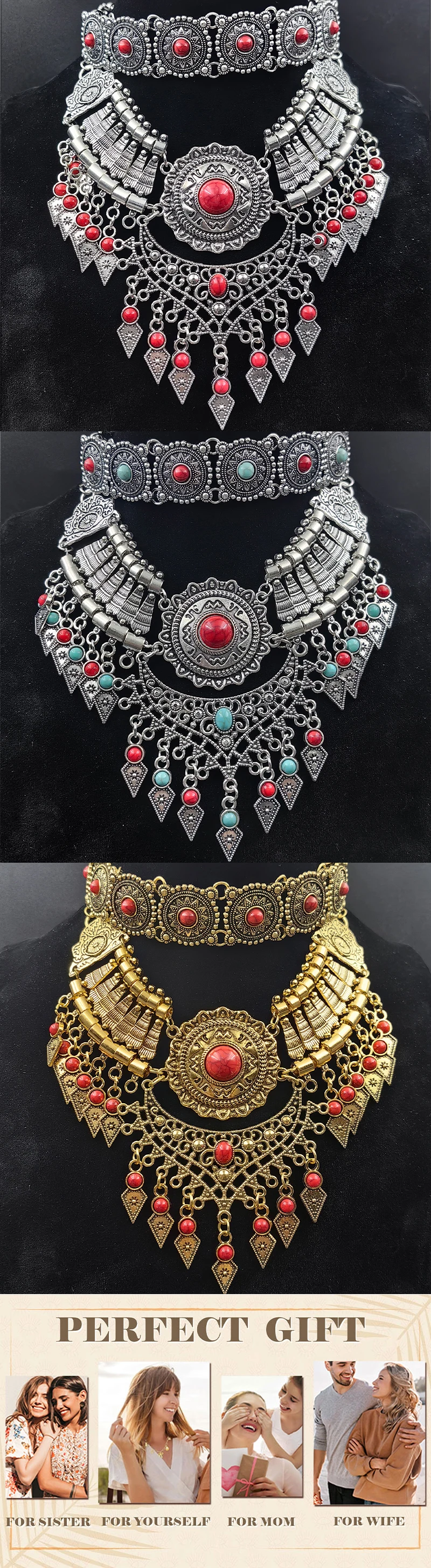 Layered Bohemian Statement Necklace Women's Fashion Retro Teardrop Tassel Collar Jewelry for Casual Matching & Party Styling