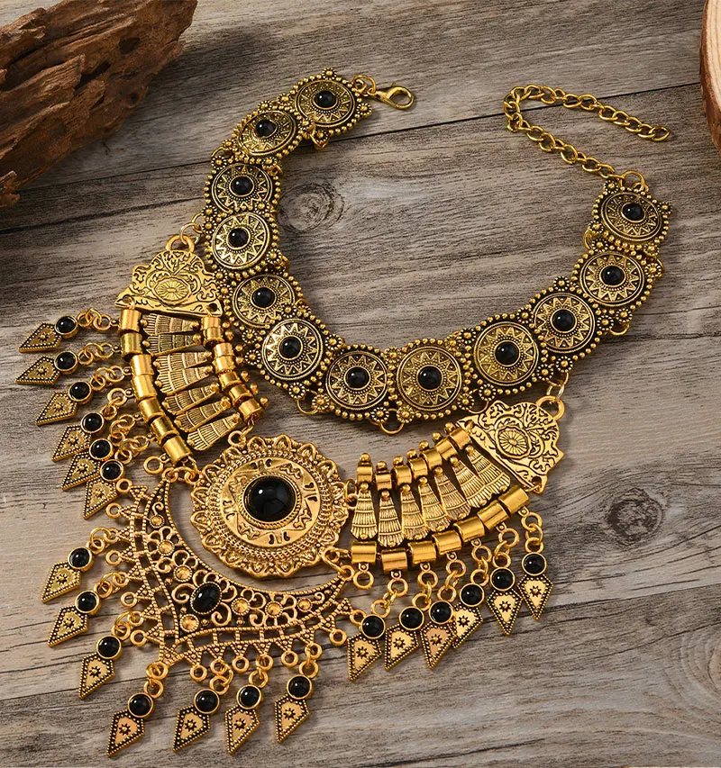 Layered Bohemian Statement Necklace Women's Fashion Retro Teardrop Tassel Collar Jewelry for Casual Matching & Party Styling