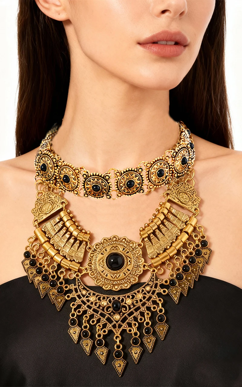 Layered Bohemian Statement Necklace Women's Fashion Retro Teardrop Tassel Collar Jewelry for Casual Matching & Party Styling