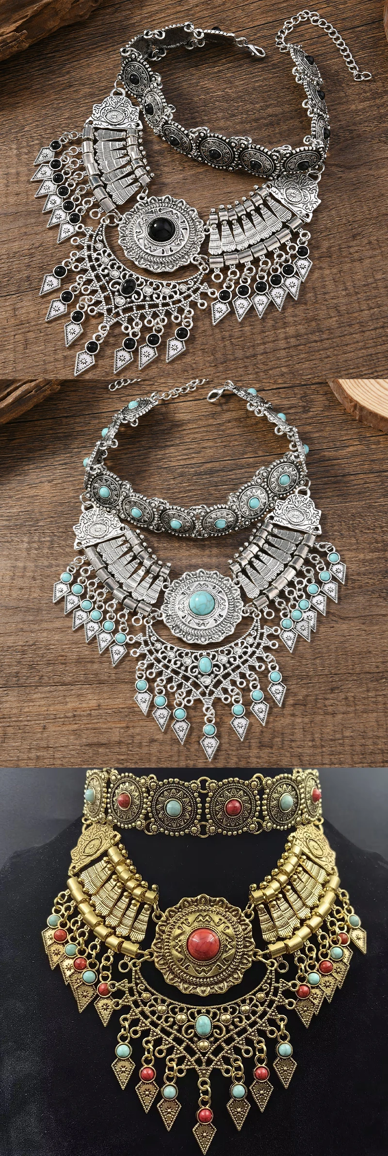 Layered Bohemian Statement Necklace Women's Fashion Retro Teardrop Tassel Collar Jewelry for Casual Matching & Party Styling