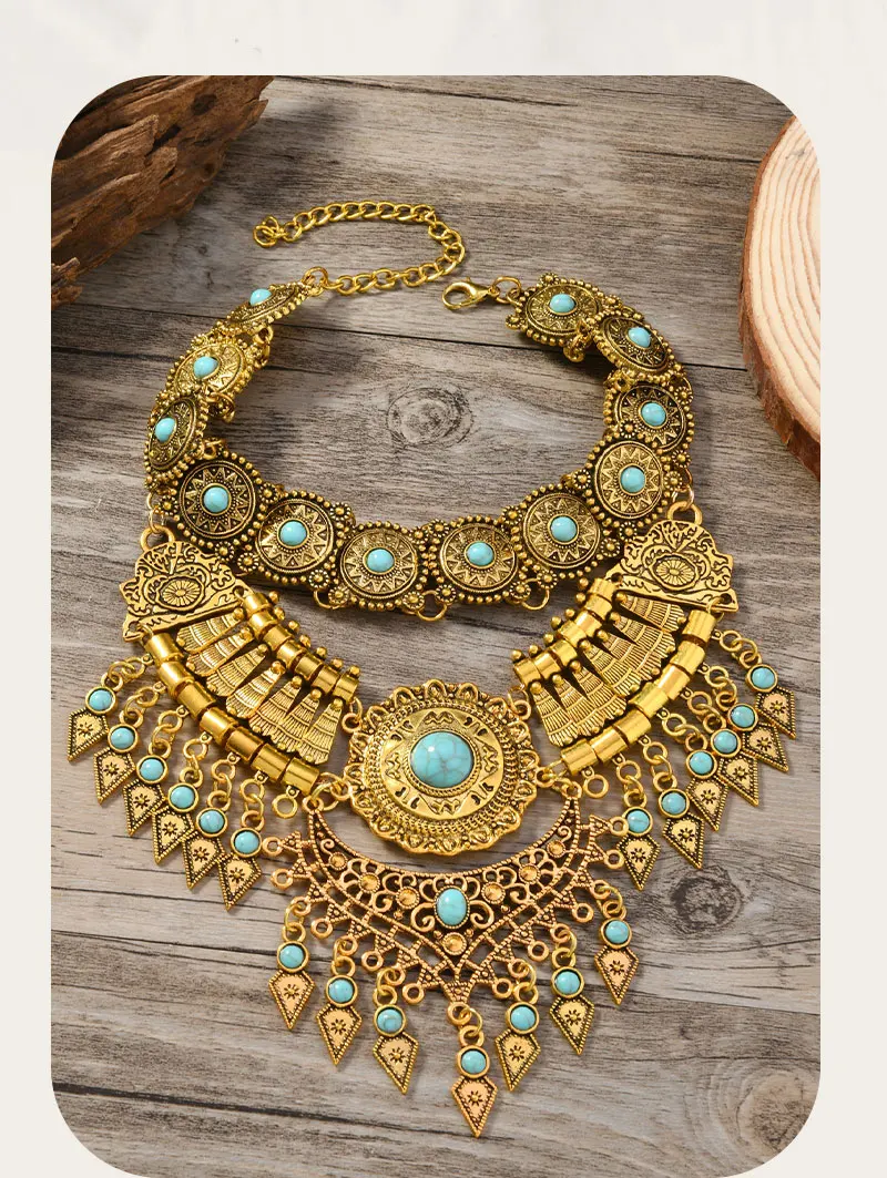Layered Bohemian Statement Necklace Women's Fashion Retro Teardrop Tassel Collar Jewelry for Casual Matching & Party Styling
