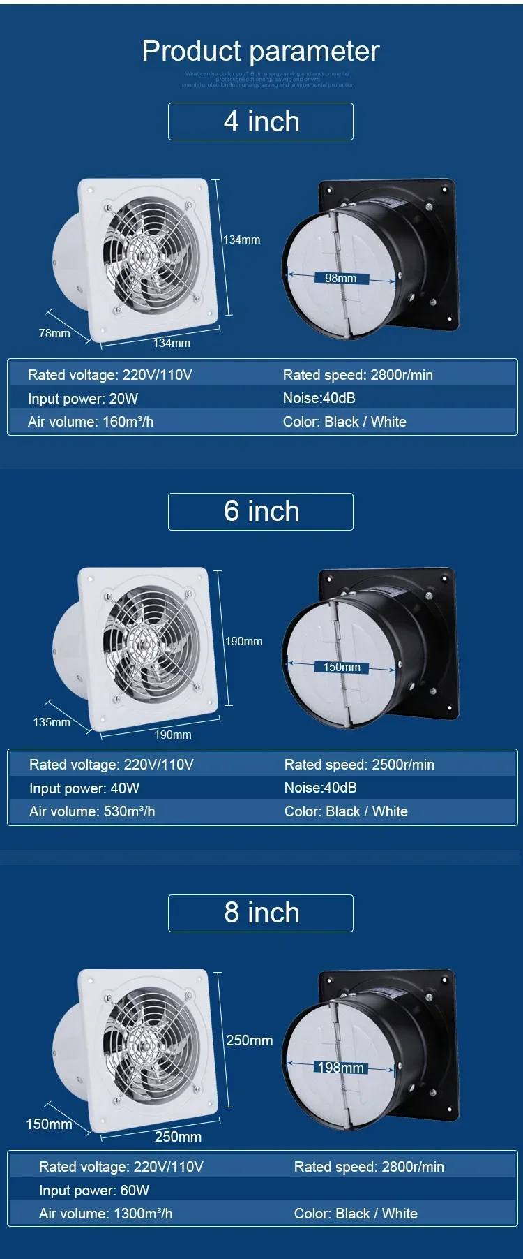 4/6/8" Exhaust Fan Metal Iron Ventilation Extractor,Silence with Anti-backflow Check Valve Window&Wall Mount Vent Fans for Home