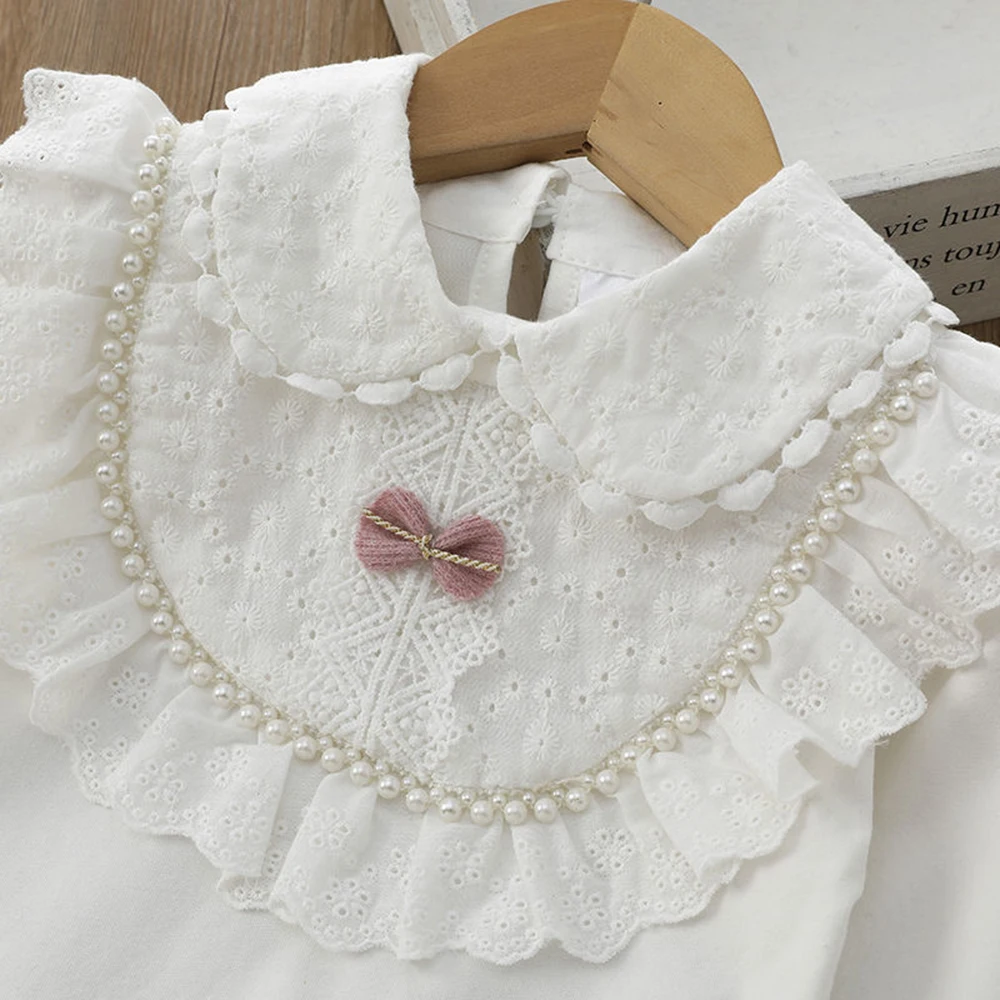 Girls' School Shirt - White Long Sleeve Lace Top for Toddler To Teen, Classic Blouse for Kids Girls Blouse