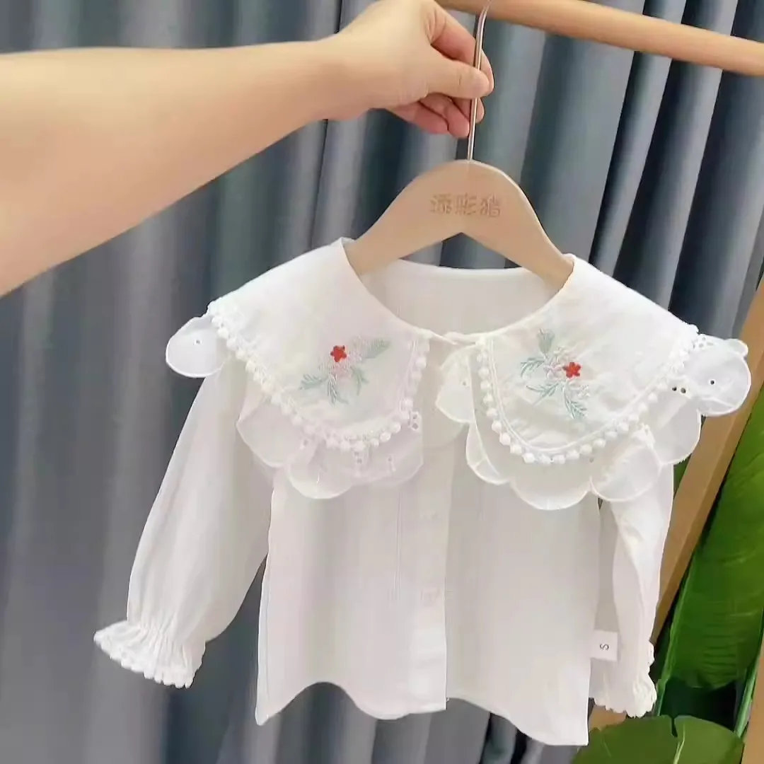 Girls' School Shirt - White Long Sleeve Lace Top for Toddler To Teen, Classic Blouse for Kids Girls Blouse