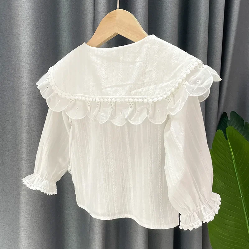 Girls' School Shirt - White Long Sleeve Lace Top for Toddler To Teen, Classic Blouse for Kids Girls Blouse