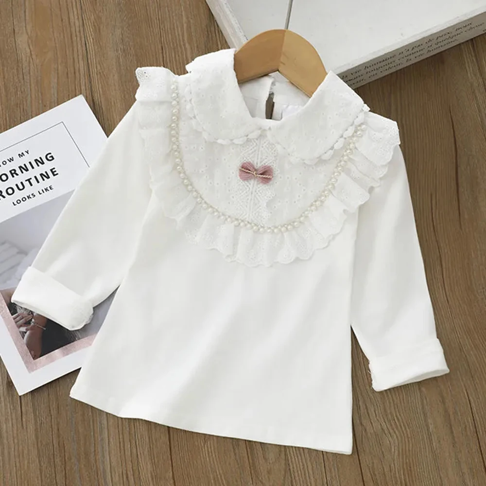 Girls' School Shirt - White Long Sleeve Lace Top for Toddler To Teen, Classic Blouse for Kids Girls Blouse