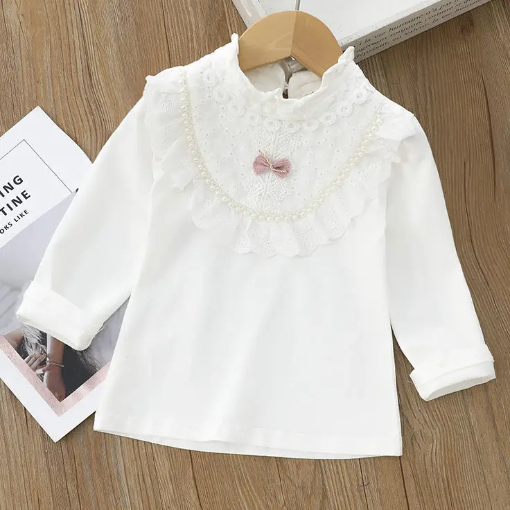 Girls' School Shirt - White Long Sleeve Lace Top for Toddler To Teen, Classic Blouse for Kids Girls Blouse