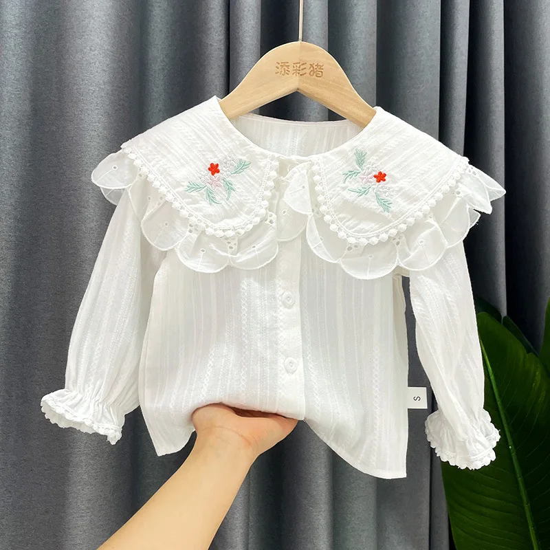 Girls' School Shirt - White Long Sleeve Lace Top for Toddler To Teen, Classic Blouse for Kids Girls Blouse
