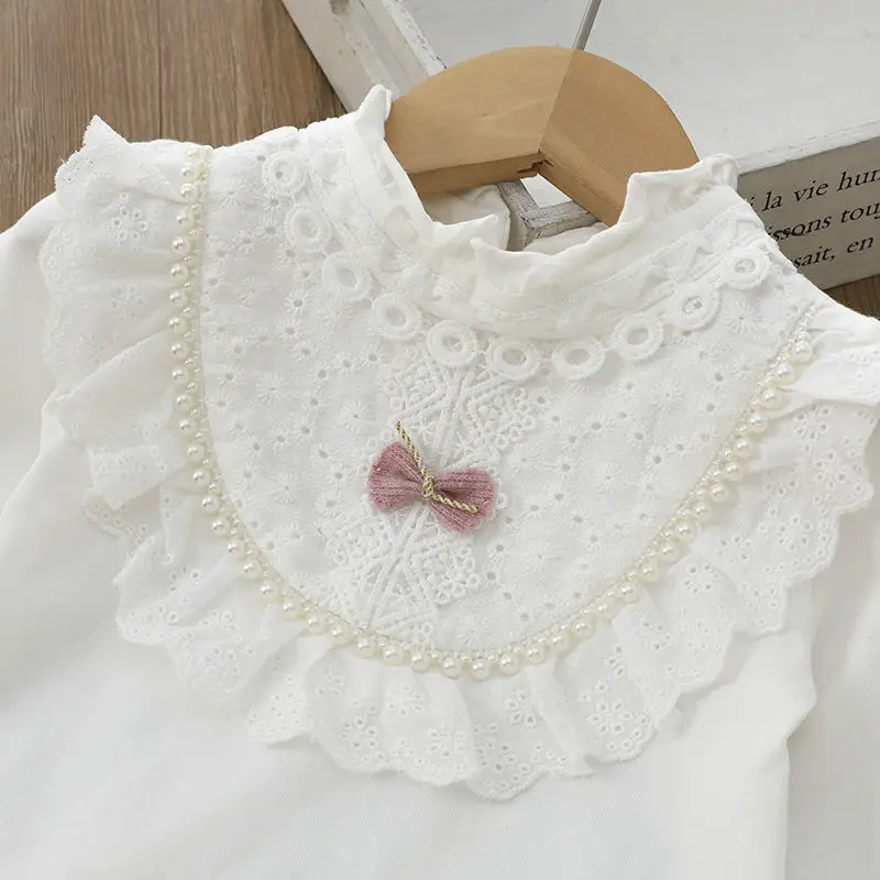 Girls' School Shirt - White Long Sleeve Lace Top for Toddler To Teen, Classic Blouse for Kids Girls Blouse
