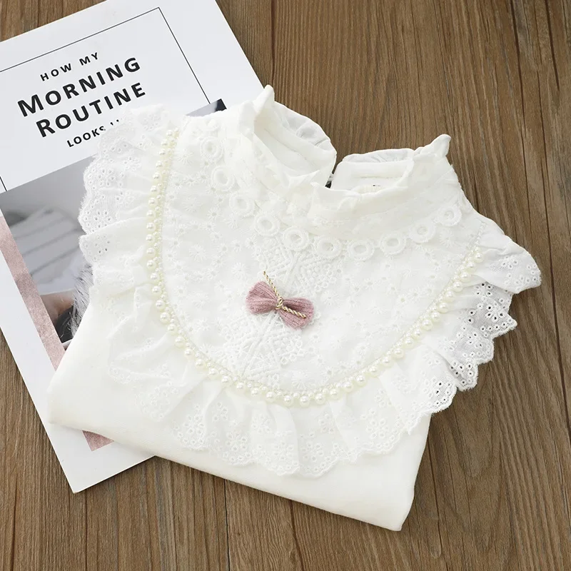 Girls' School Shirt - White Long Sleeve Lace Top for Toddler To Teen, Classic Blouse for Kids Girls Blouse