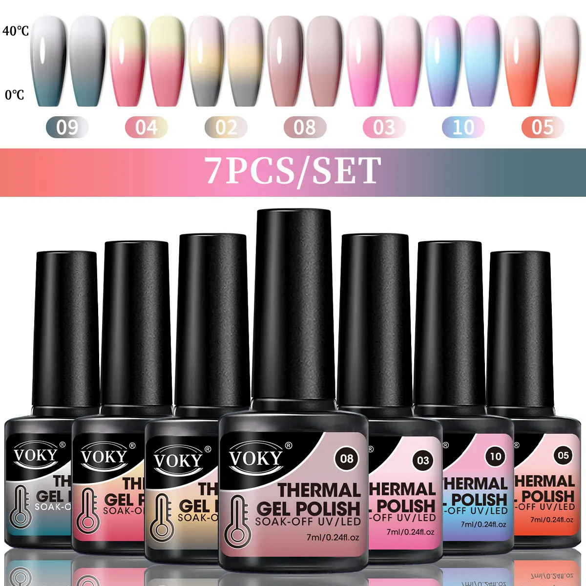 VOKY 7-Piece Set of Heat-Activated Changeable Gel Nails Adhesive Kit, Color Changes with Temperature, Can Be Immersed in UV/LED