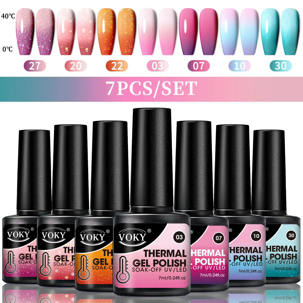 VOKY 7-Piece Set of Heat-Activated Changeable Gel Nails Adhesive Kit, Color Changes with Temperature, Can Be Immersed in UV/LED