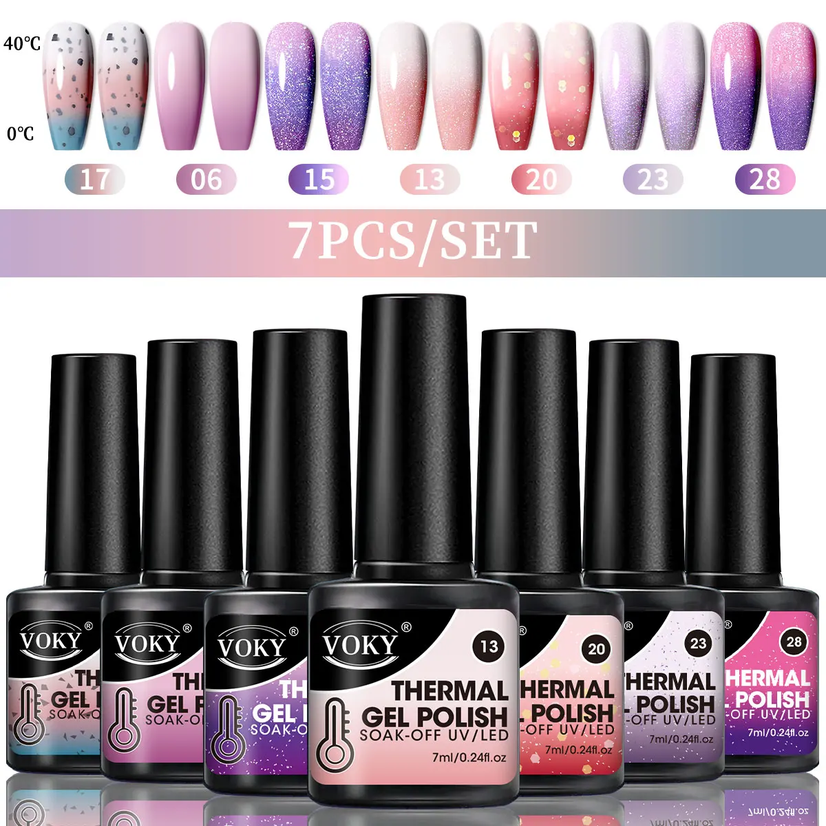 VOKY 7-Piece Set of Heat-Activated Changeable Gel Nails Adhesive Kit, Color Changes with Temperature, Can Be Immersed in UV/LED