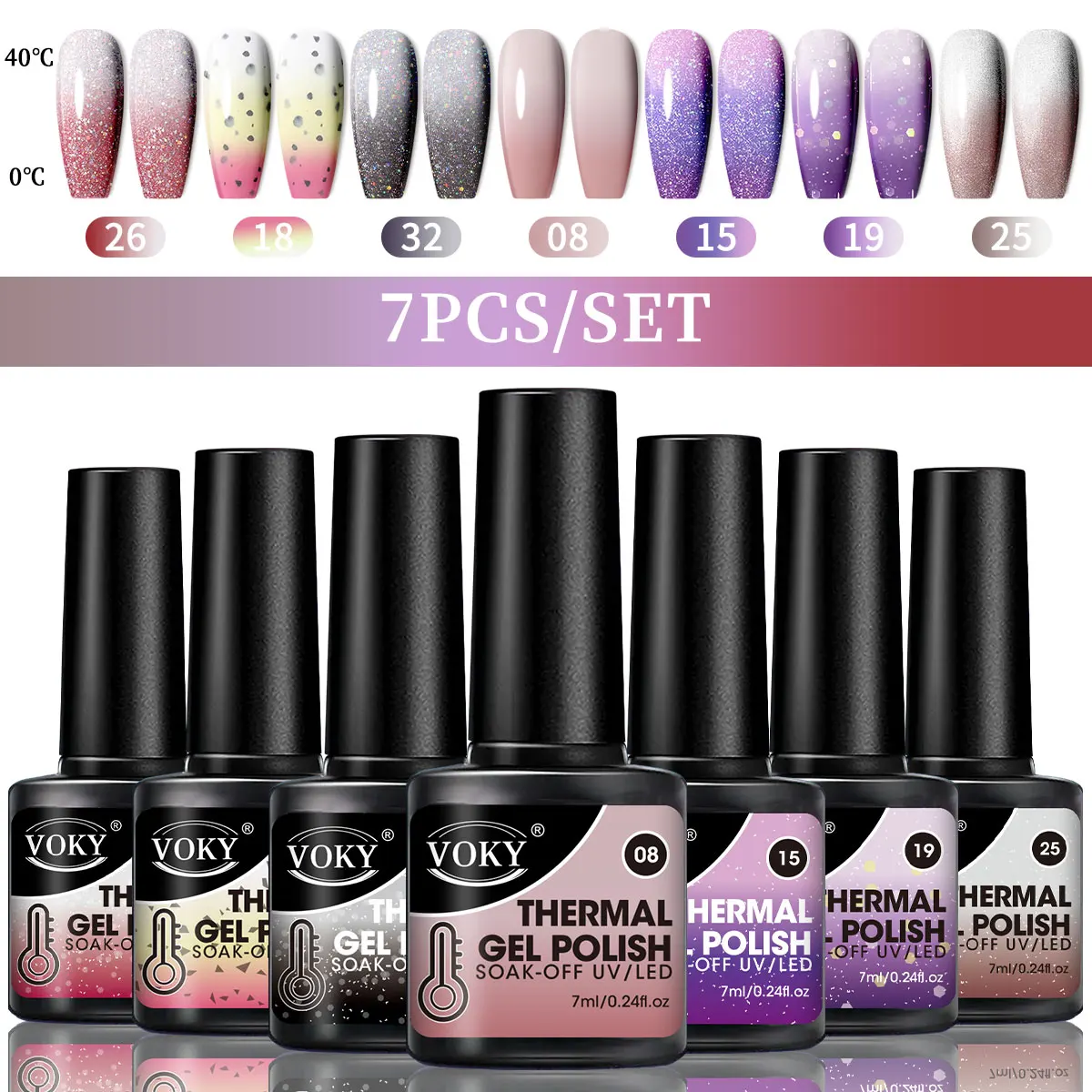 VOKY 7-Piece Set of Heat-Activated Changeable Gel Nails Adhesive Kit, Color Changes with Temperature, Can Be Immersed in UV/LED