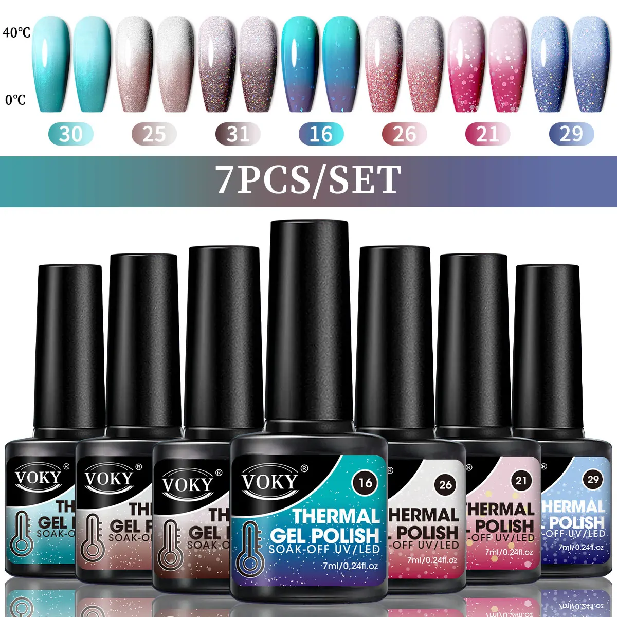 VOKY 7-Piece Set of Heat-Activated Changeable Gel Nails Adhesive Kit, Color Changes with Temperature, Can Be Immersed in UV/LED