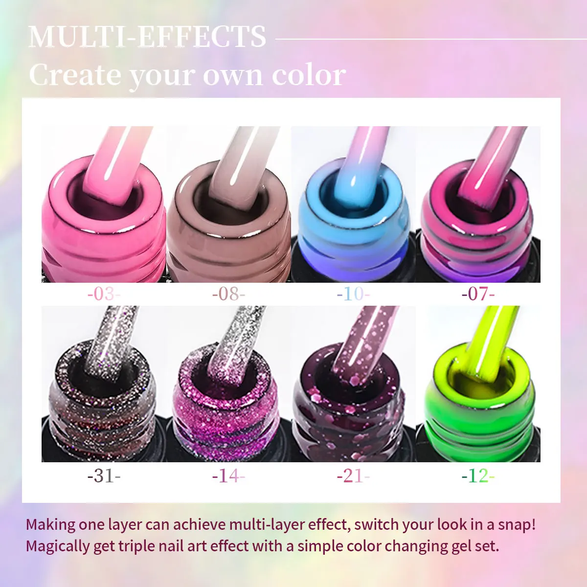 VOKY 7-Piece Set of Heat-Activated Changeable Gel Nails Adhesive Kit, Color Changes with Temperature, Can Be Immersed in UV/LED