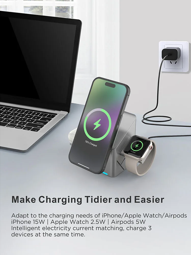 Qi2 3 in 1 Magsafe Wireless Chargers Station for iPhone & Samsung Magnetic Charging Dock for Apple Watch Charger