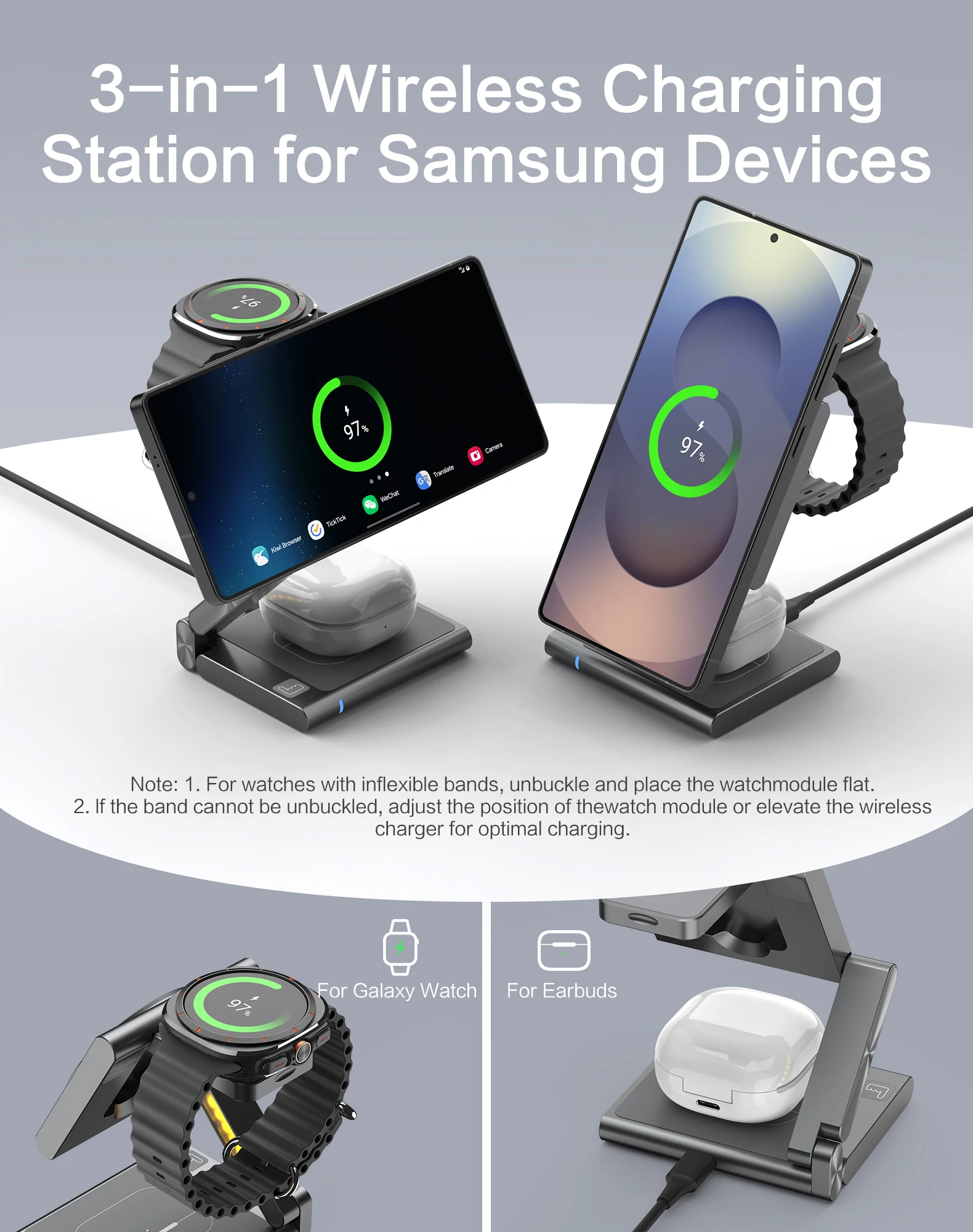 3 in 1 Charging Station Aluminum Qi2 Magnetic Charger for Samsung Galaxy S25/Ultra/S24/S23/S22/Galaxy Watch 8/7/6/5/Galaxy Buds