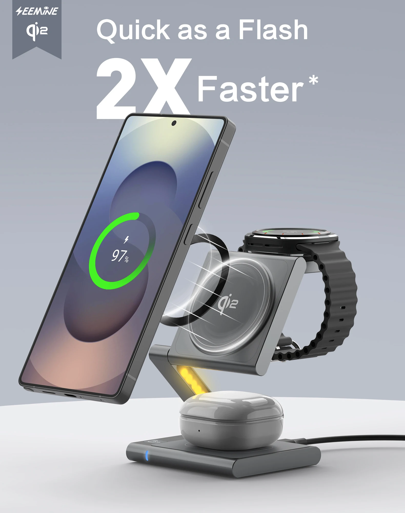 3 in 1 Charging Station Aluminum Qi2 Magnetic Charger for Samsung Galaxy S25/Ultra/S24/S23/S22/Galaxy Watch 8/7/6/5/Galaxy Buds