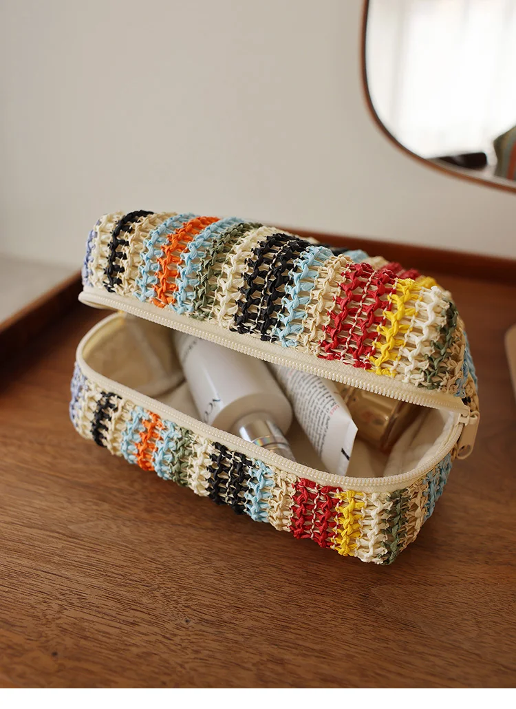 Colorful Knitted Cosmetic Bag Travel-Friendly Handbag Toiletry Pouch Women's Cosmetics & Skincare Organizer On-the-Go Bag-in-Bag